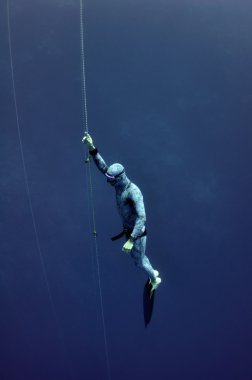 Freediver derinlik ip tarafından yükseltir.