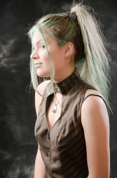 Beautiful portrait of the steampunk girl with green hair — Stock Photo, Image