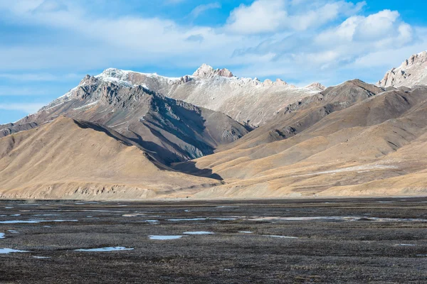 Beautiful Tibetan landscape with frozen lakes, snowy mountains and cloudy sky — Stock Photo, Image