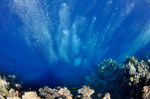 Растущие подводные пузыри в синем море — стоковое фото