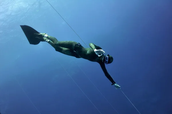 Volný potápěč ukazuje Ok podepsat během apnoe školení — Stock fotografie