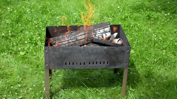 View of the fire tongues in the garden barbecue — Stock Video