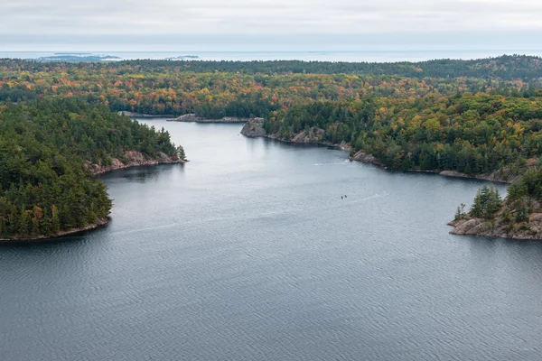 Hermosa vista de un bosque de otoño y un lago desde arriba — Foto de Stock