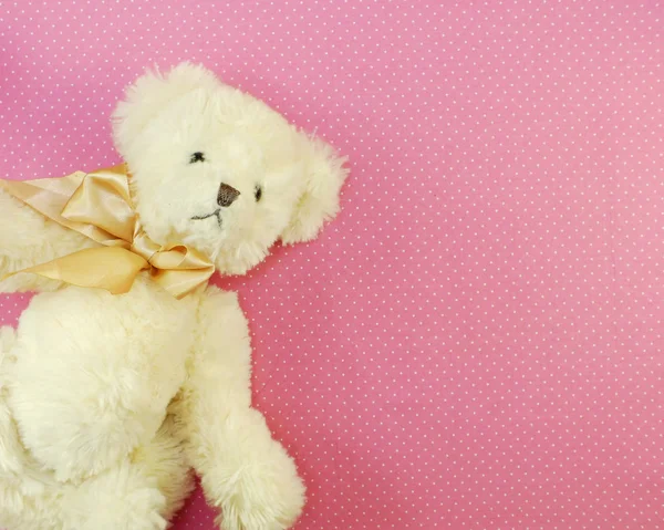 Bonito ursinho de pelúcia com rosa bolinhas dot fundo — Fotografia de Stock