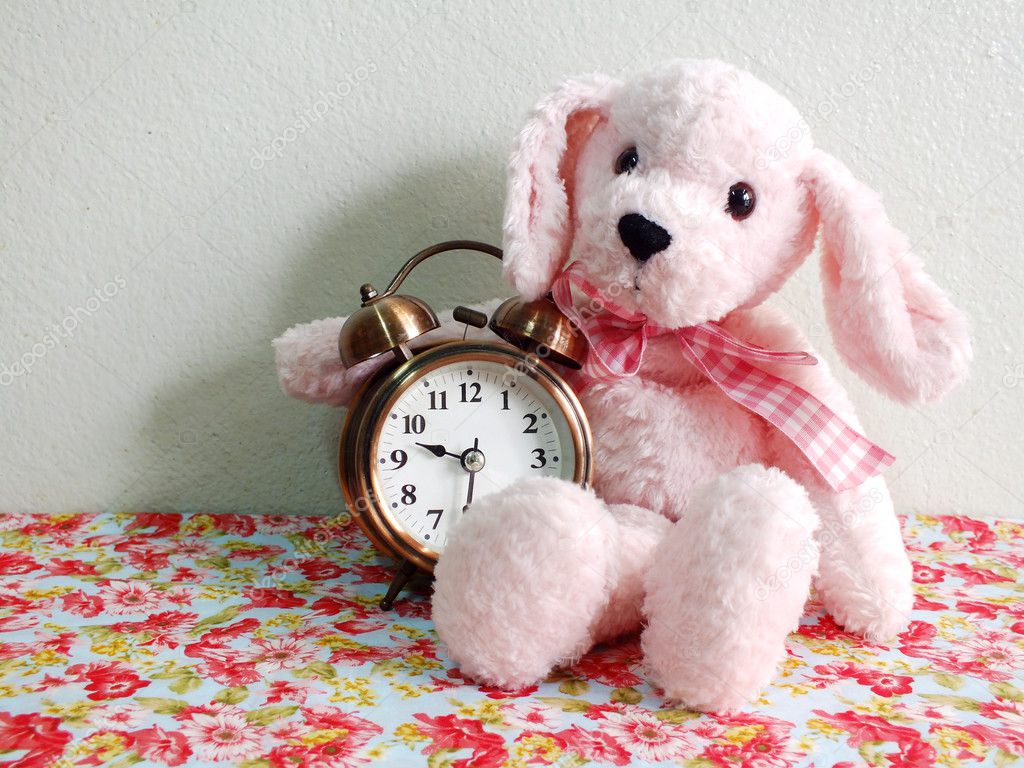 pink dog doll with alarm clock