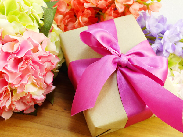 beautiful bouquet of flowers and gift for mothers day