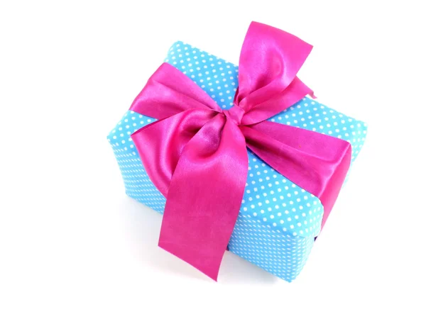 Blue gift box with pink bow isolated on white background — Stock Photo, Image