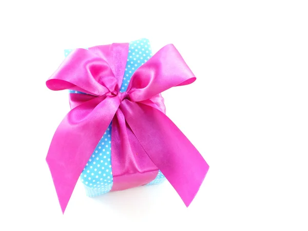 Blue gift box with pink bow isolated on white background — Stock Photo, Image