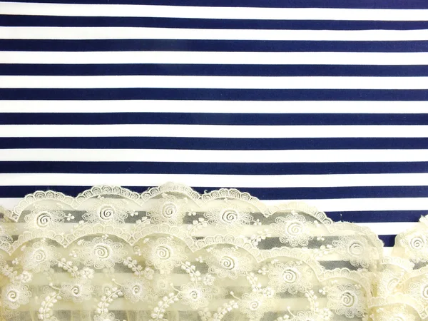 Lace with blue and white stripe fabric background — Stock Photo, Image