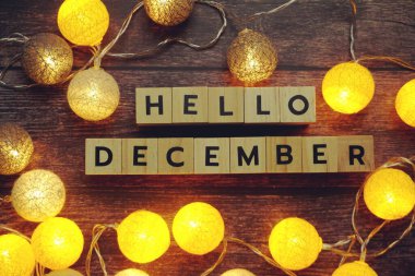 Merhaba Aralık alfabe harfi LED pamuk topları ahşap arka planda