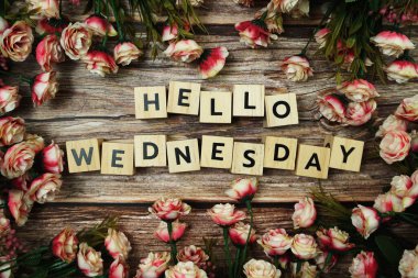 Merhaba çarşamba alfabe alfabesi, çiçek açan ahşap zemin.