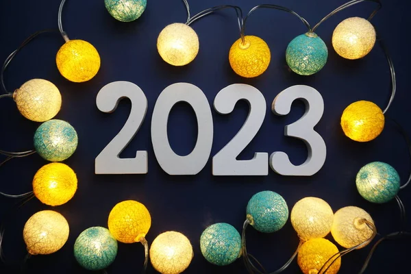 Gelukkig Nieuwjaar 2023 Alfabet Brief Met Katoenen Bal Led Decoratie — Stockfoto