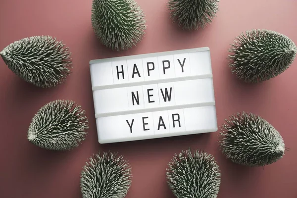 Feliz Año Nuevo Palabra Caja Luz Con Vista Superior Del — Foto de Stock