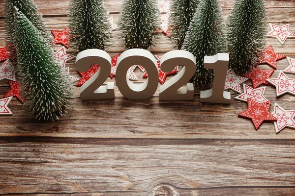 2021 Gott Nytt Och Juldekoration Trä Bakgrund — Stockfoto