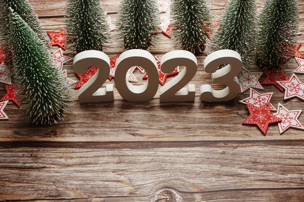 2023 Gott Nytt Och Juldekoration Trä Bakgrund — Stockfoto