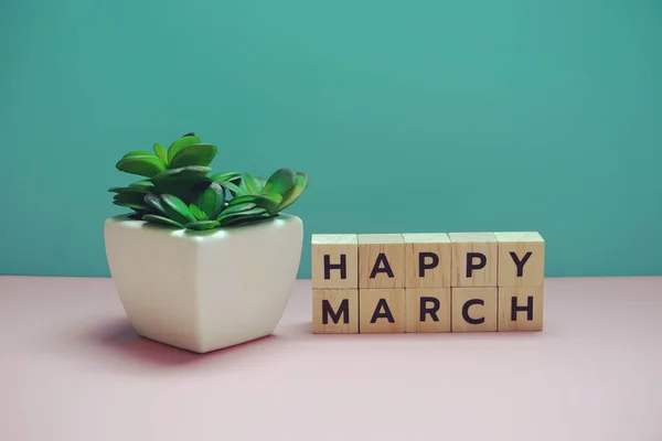 Happy March Alphabet Buchstabe Auf Blauem Und Rosa Hintergrund — Stockfoto