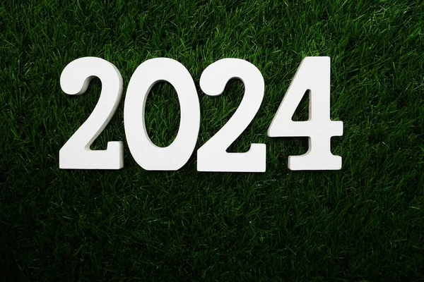 2024 Ευτυχισμένο Νέο Έτος Διαμέρισμα Θέσει Πράσινο Τεχνητό Γρασίδι — Φωτογραφία Αρχείου