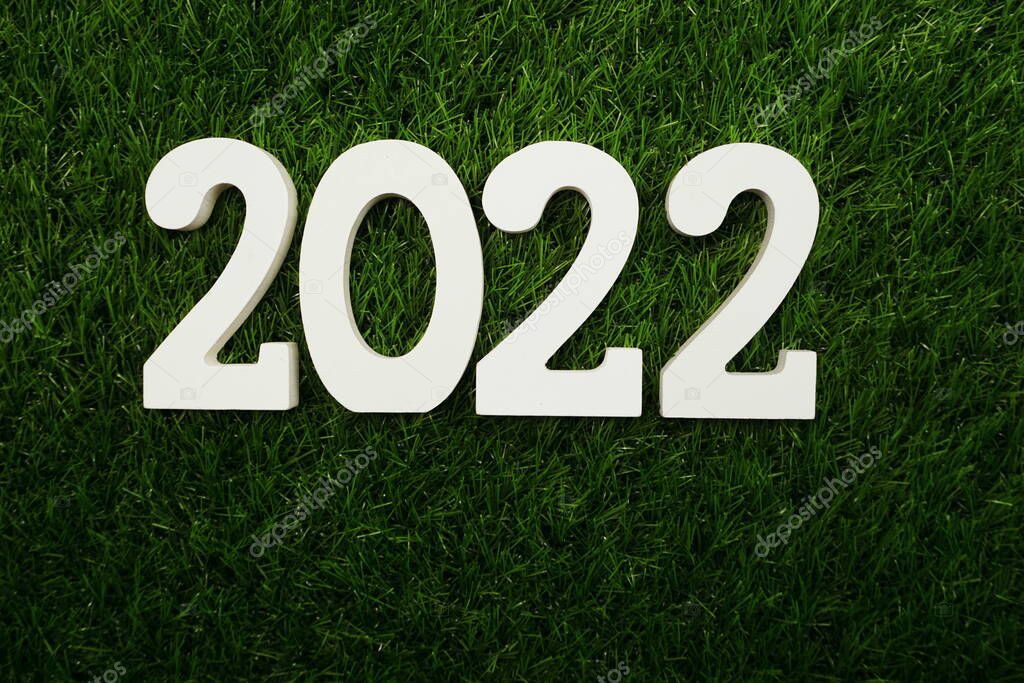 2022 Happy New Year Flat lay on Green artificial grass