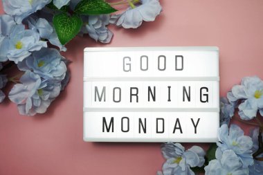 Pembe arka planda çiçek desenli ışıklı kutuda günaydın.