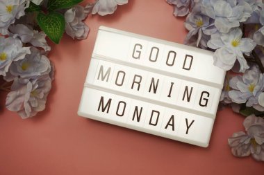 Pembe arka planda çiçek desenli ışıklı kutuda günaydın.