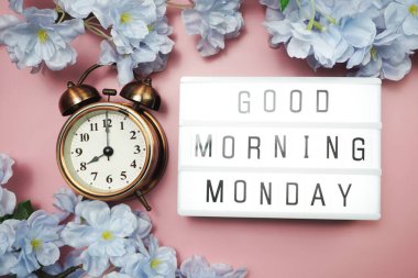 Pembe arka planda çiçek desenli ışıklı kutuda günaydın.