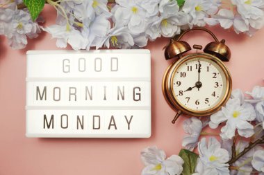 Pembe arka planda çiçek desenli ışıklı kutuda günaydın.