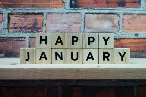 Happy January Alphabet Letter Shelves Wood Background — Stok Foto