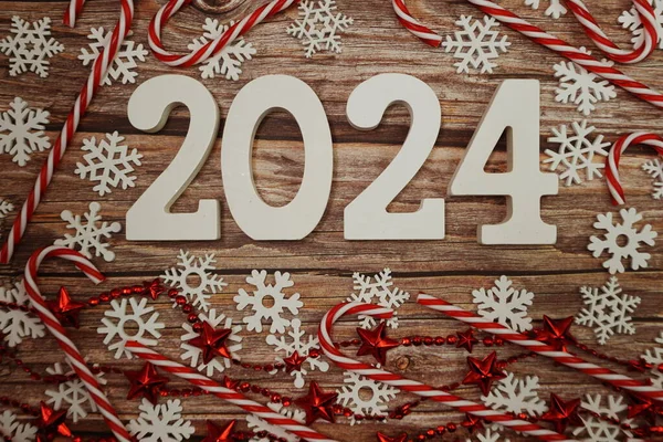 2024 Felice Anno Nuovo Decorazione Natale Sfondo Legno — Foto Stock