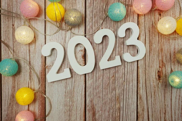 Feliz Ano Novo 2023 Alfabeto Letra Com Bolas Algodão Led — Fotografia de Stock