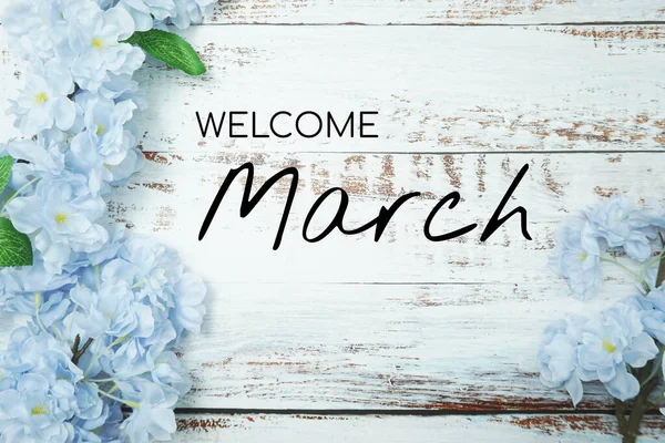 Bienvenido Texto Marzo Decoración Flores Azules Sobre Fondo Madera —  Fotos de Stock