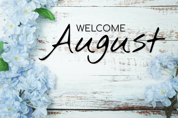 Welcome August Text Blue Flower Decoration Wooden Background — Stock Photo, Image