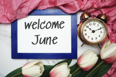 Hoş geldiniz haziran mavi çerçeveye yazılmış lale çiçeği düz mermer zemin üzerinde yatıyordu