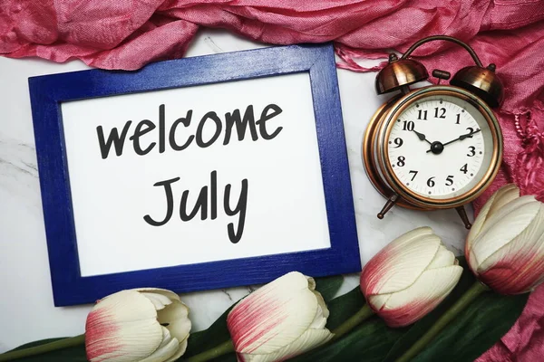 Welcome July Written Blue Frame Tulip Flower Flat Lay Marble — Stock Photo, Image