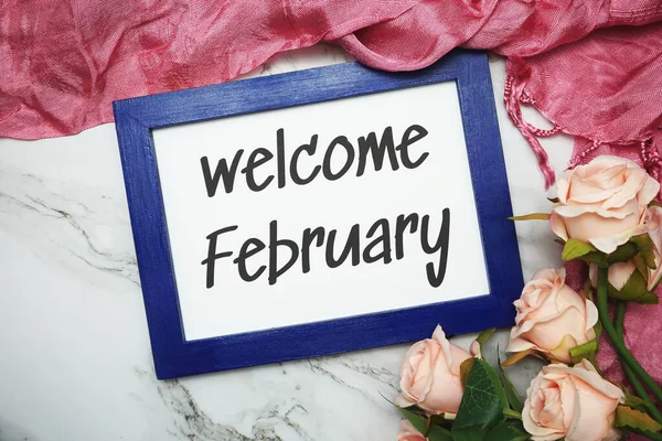 Welcome February Written Blue Frame Rose Flower Flat Lay Marble — Stock Photo, Image