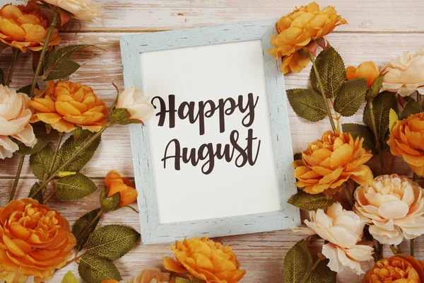 Happy August Typography Text Flower Decoation Wooden Background — Stock Photo, Image