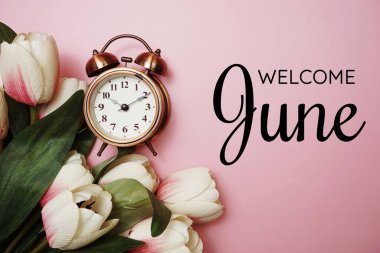 Alarm saati ve pembe arkaplanda lale çiçeği süslemesiyle Haziran ayına hoş geldiniz.