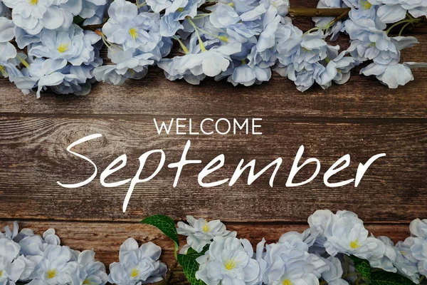 Bienvenue Texte Septembre Décoration Fleurs Bleues Sur Fond Bois — Photo