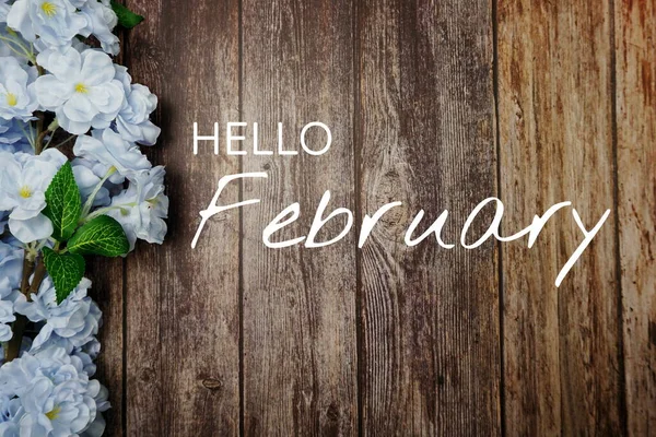 Welcome February Text Blue Flower Decoration Wooden Background — Stock Photo, Image