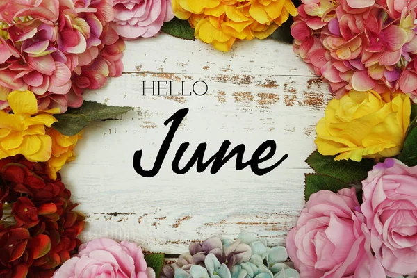 こんにちは6月テキストと花カラフルなボーダーフレーム上の木製の背景 — ストック写真