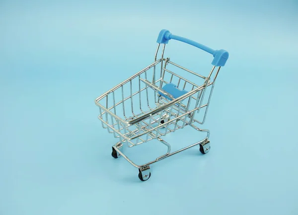 Mini Trolley Cart Space Copy Blue Background — Stock Photo, Image