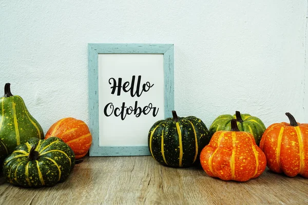 Hello October Typography Text Pumpkin Decoration Wooden Table — Stock Photo, Image