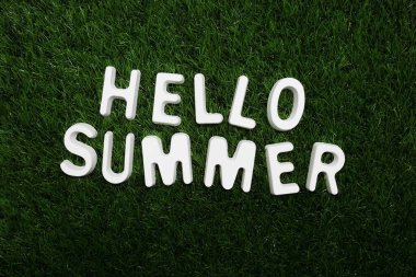 Merhaba yeşil çimen arka planında yaz mesajı