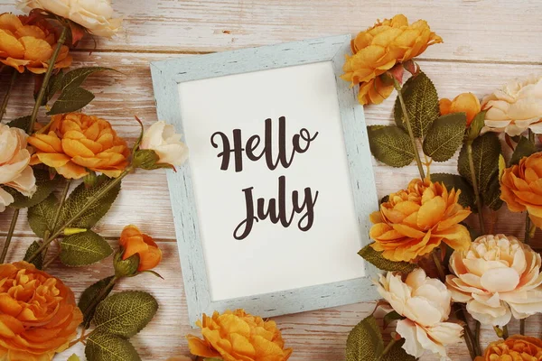 Hello July Typography Text Flower Decoation Wooden Background — Stock Photo, Image