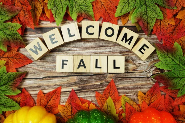 Willkommen Herbst Alphabet Buchstabe Mit Ahornblättern Rahmen Auf Holzgrund — Stockfoto