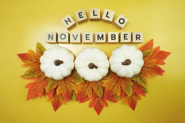 Hello November Alphabet Letter Pumpkin Maple Leaves Decoration Yellow Background — Stock Photo, Image