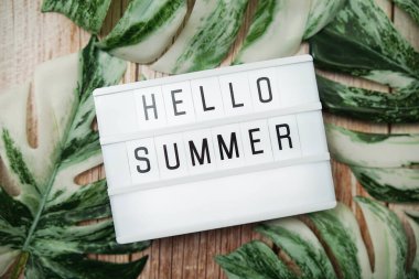 Merhaba. Monstera ile ışıklı kutuda yaz kelimesi. Ahşap arka planda süsleme bırakın.