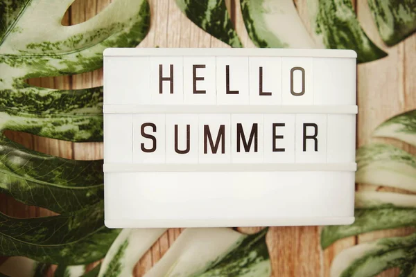 Hello Summer Słowo Lightbox Monstera Pozostawić Dekoracji Drewnianym Tle — Zdjęcie stockowe