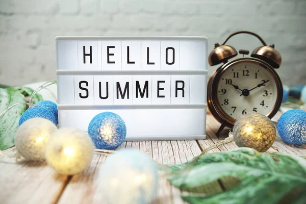 Hello Summer Word Lightbox Alarm Clock Monstera Leave Decoration Wooden — Stock Photo, Image