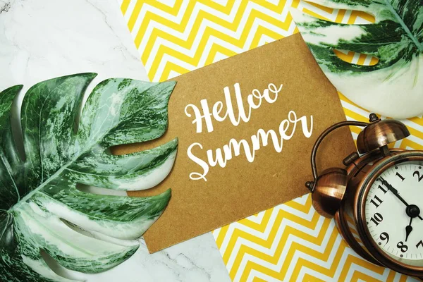 Типография Hello Summer Бумажной Открытке Будильником Отпуском Monstera — стоковое фото