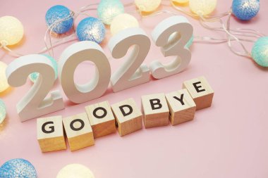 Elveda 2023 alfabe harfleri ve pembe arkaplanda uzay kopyası.